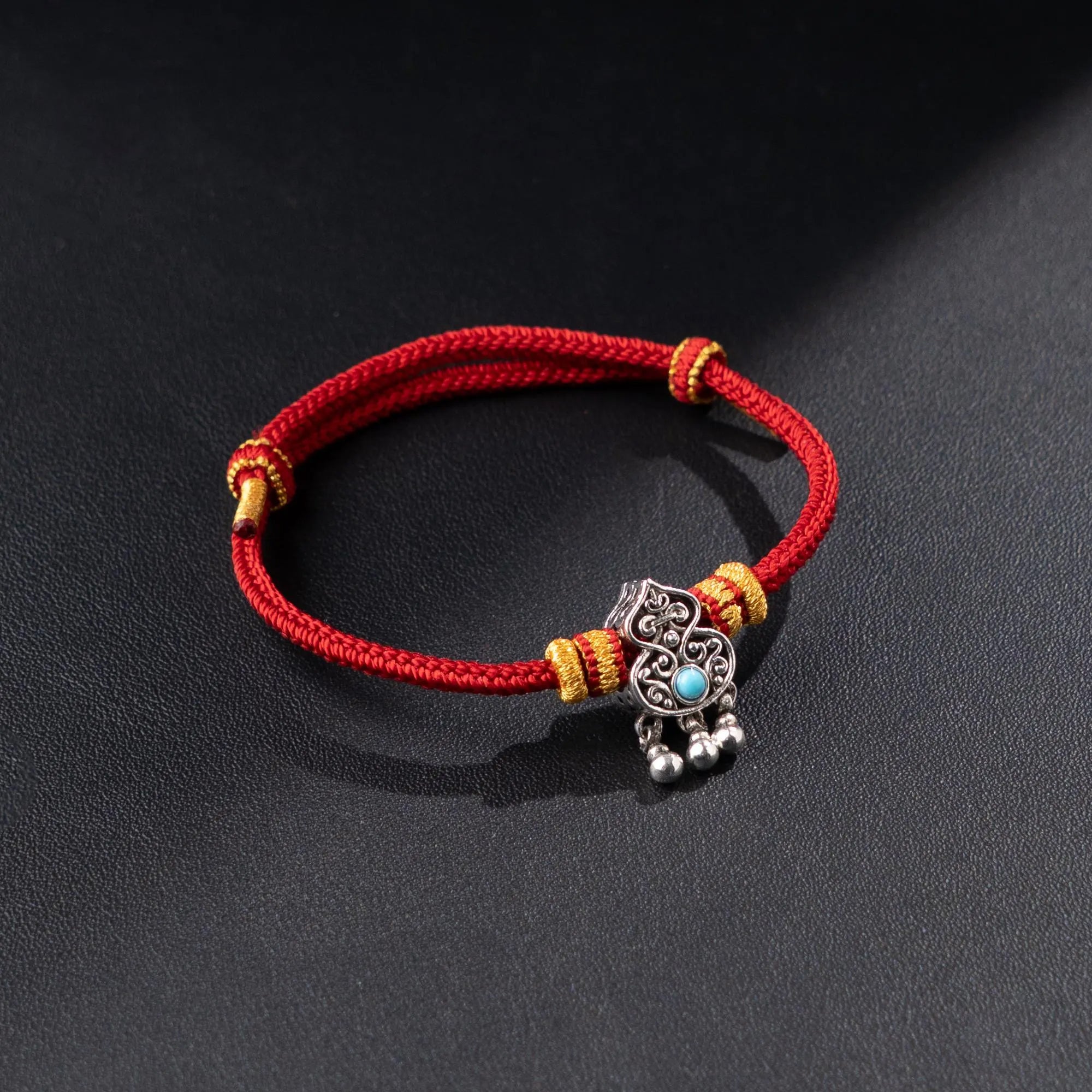 Handwoven Red String Bracelet with Tibetan Silver Gourd Amulet, Healing Energy & Protection Talisman