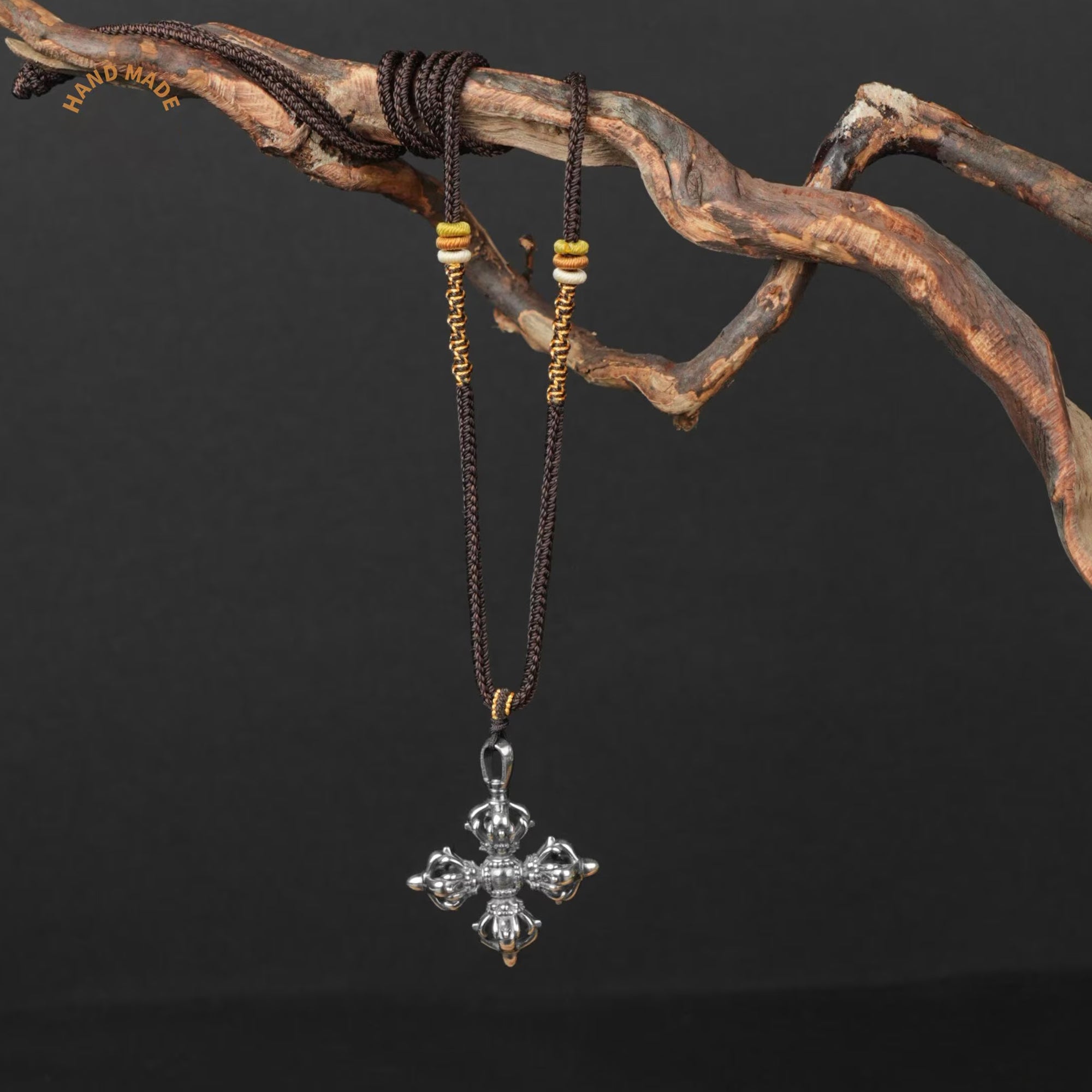 Tibetan Cross Vajra Necklace, Handwoven Adjustable Cord with Jade Cong Knots, Buddhist Spiritual Gift for Protection