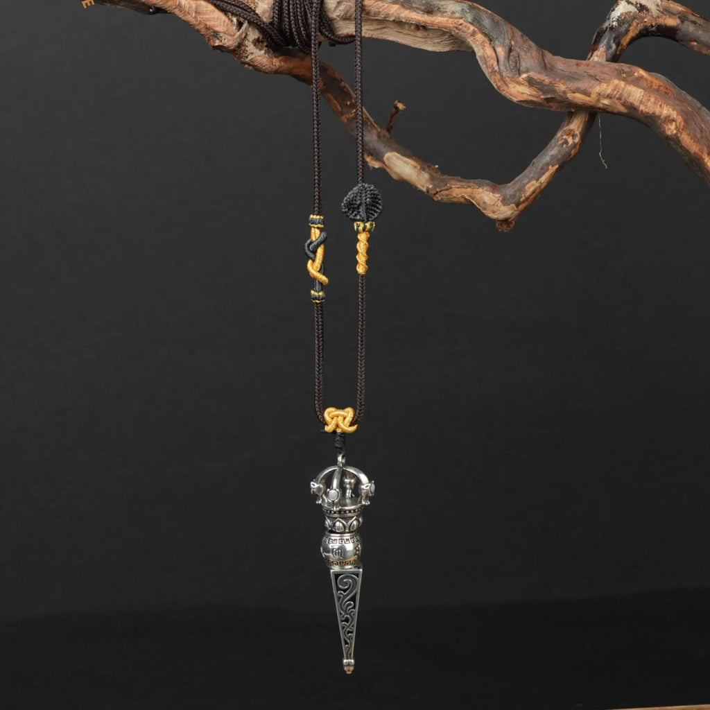 Tibetan Vajra Scepter Necklace, Handwoven Brown Adjustable Cord with Sacred Knots, Spiritual Amulet for Protection & Blessings