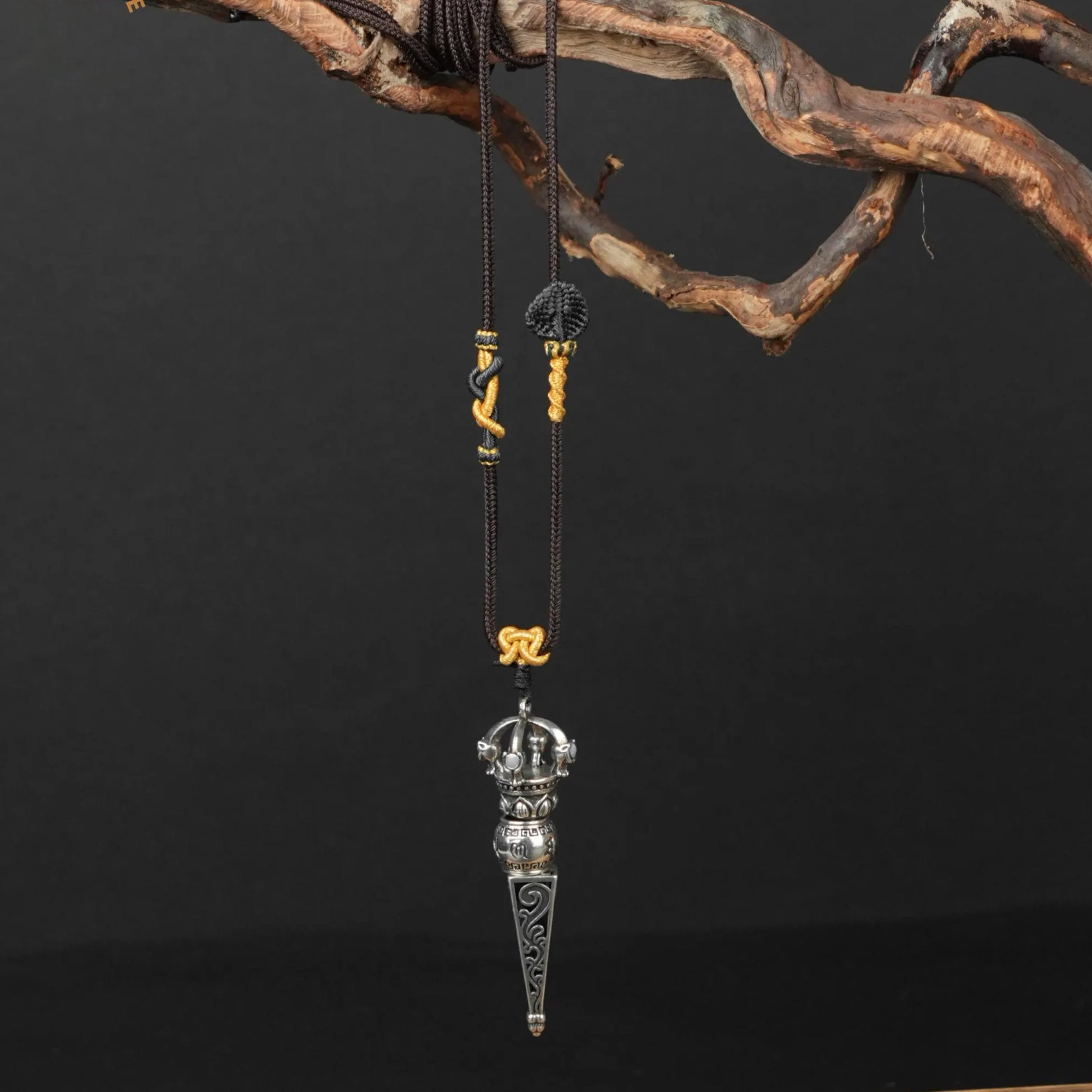 Tibetan Vajra Scepter Necklace, Handwoven Brown Adjustable Cord with Sacred Knots, Spiritual Amulet for Protection & Blessings