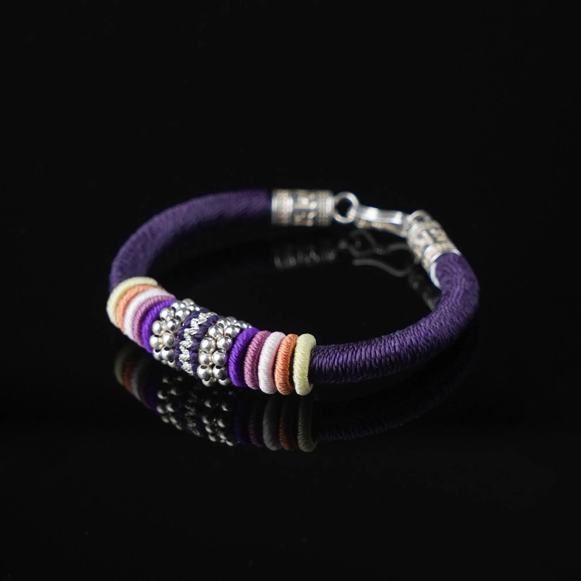 Purple Tibetan Protection Bracelet with Silver Amulet, 925 Sterling Silver Clasp, Handmade Lucky Knot Spiritual Gift