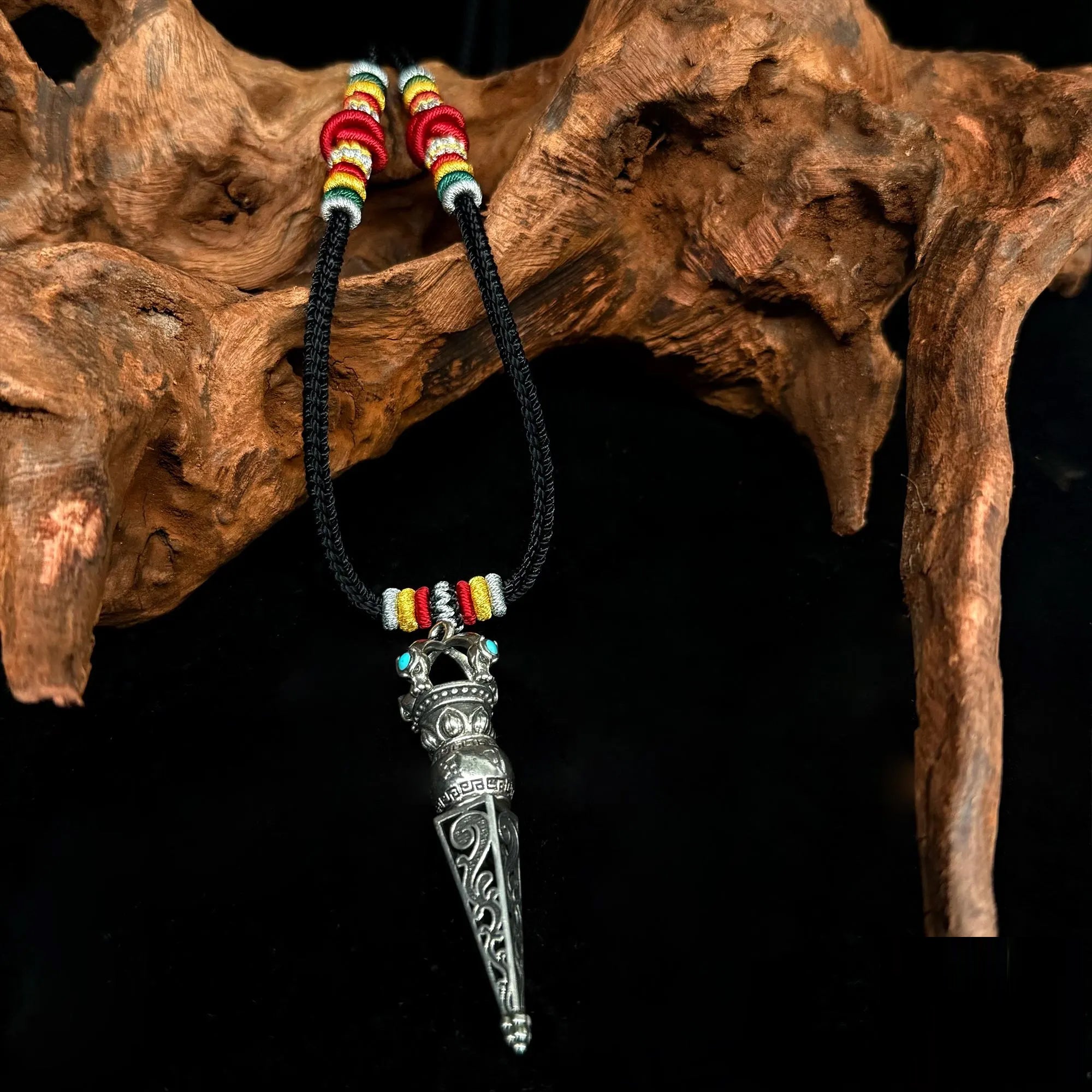 Handcrafted adjustable Langlei Yongkang necklace with Tibetan silver Vajra Scepter pendant. A spiritual gift of Tibetan Buddhism.