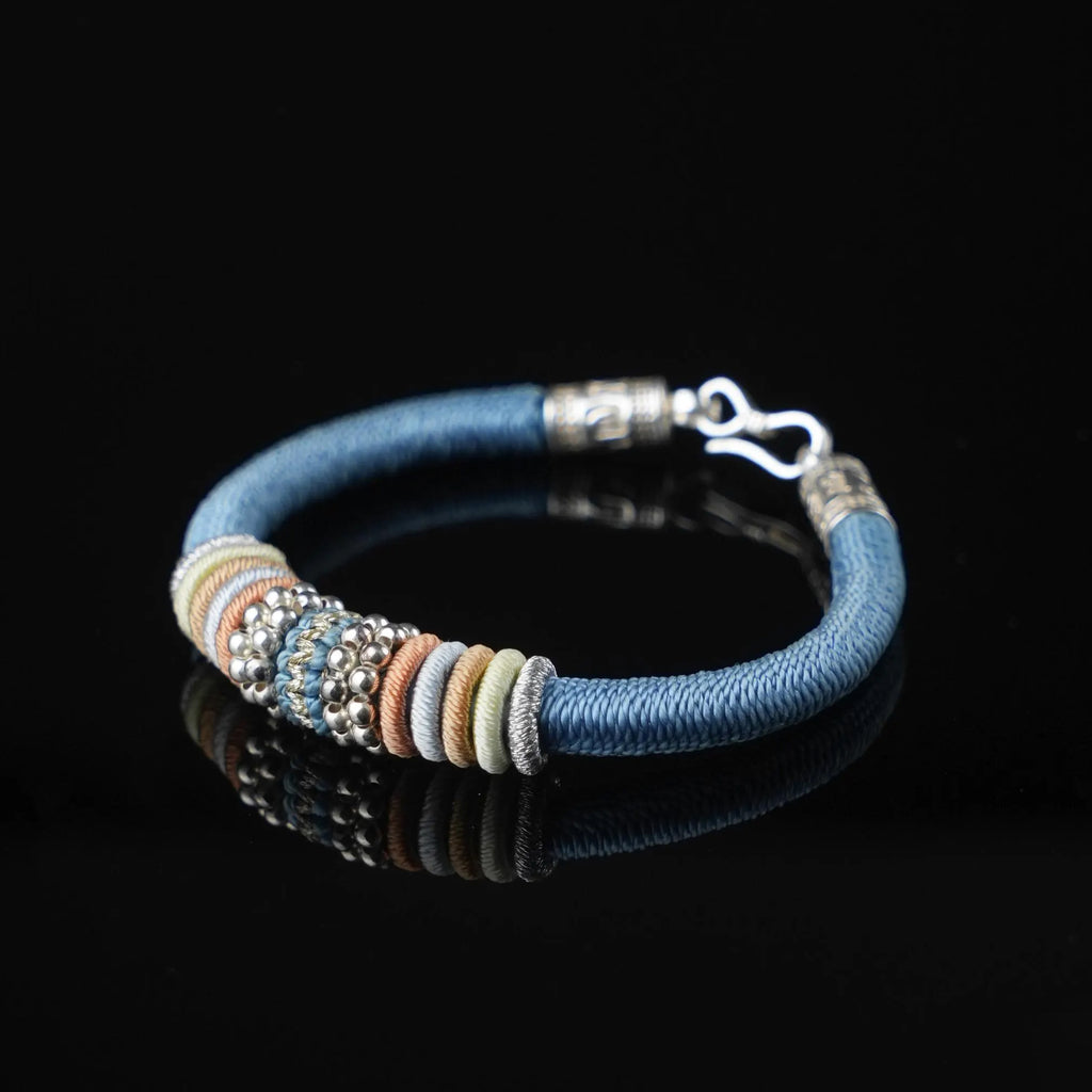 Blue Tibetan Silver Amulet Bracelet, 925 Sterling Silver Clasp, Handmade Lucky Knot Protection Charm, Spiritual Gift for Men & Women