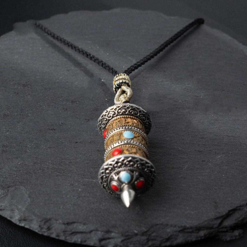 Handwoven Tibetan Necklace with Rotating Prayer Wheel, Adjustable Career Wealth Protection Amulet, Meaningful Gift for Family