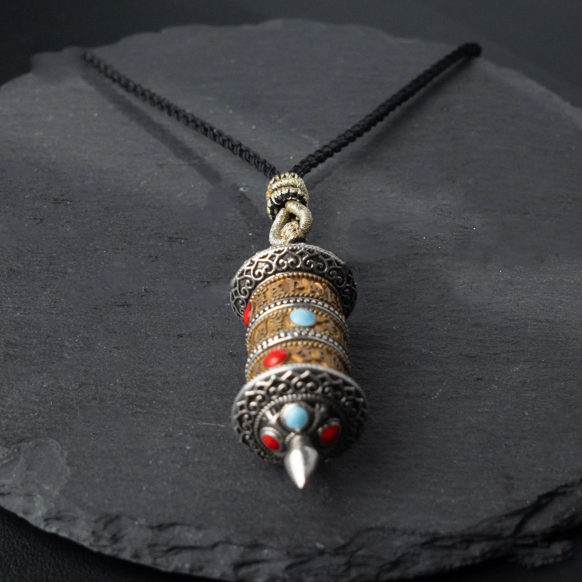 Handwoven Tibetan Necklace with Rotating Prayer Wheel, Adjustable Career Wealth Protection Amulet, Meaningful Gift for Family