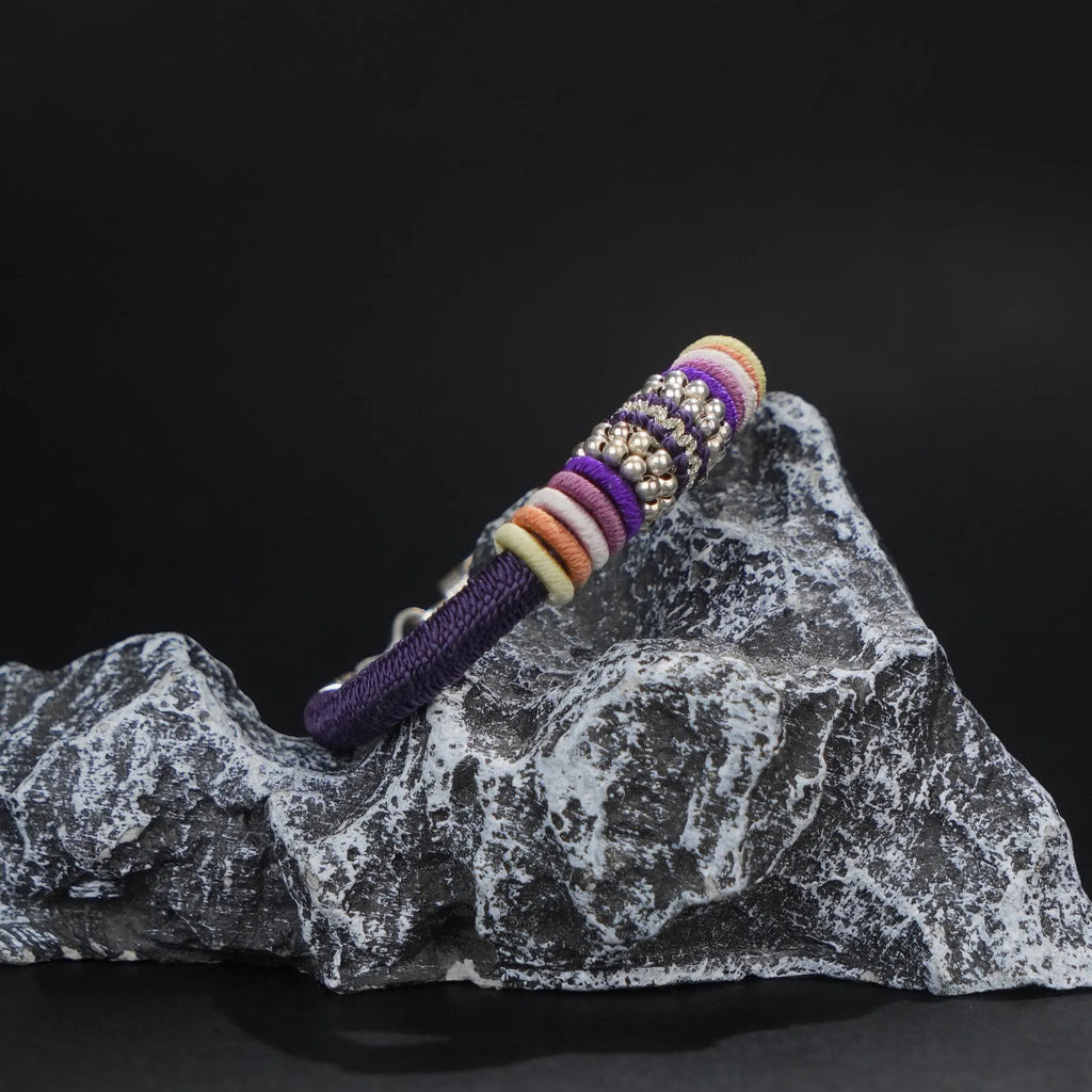 Purple Tibetan Protection Bracelet with Silver Amulet, 925 Sterling Silver Clasp, Handmade Lucky Knot Spiritual Gift