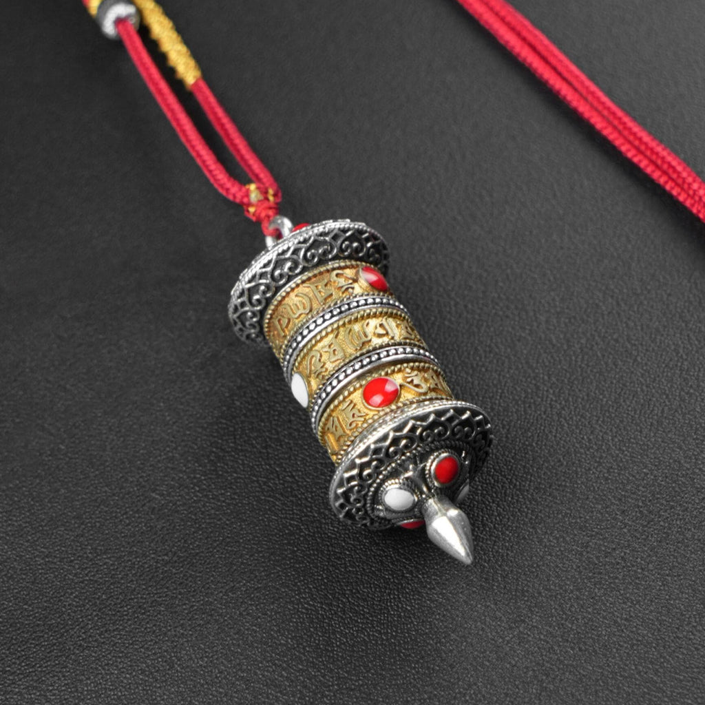 Handwoven Tibetan Buddhist Necklace, Adjustable Cord with Rotating Prayer Wheel & Lucky Knots, Spiritual Gift for Family