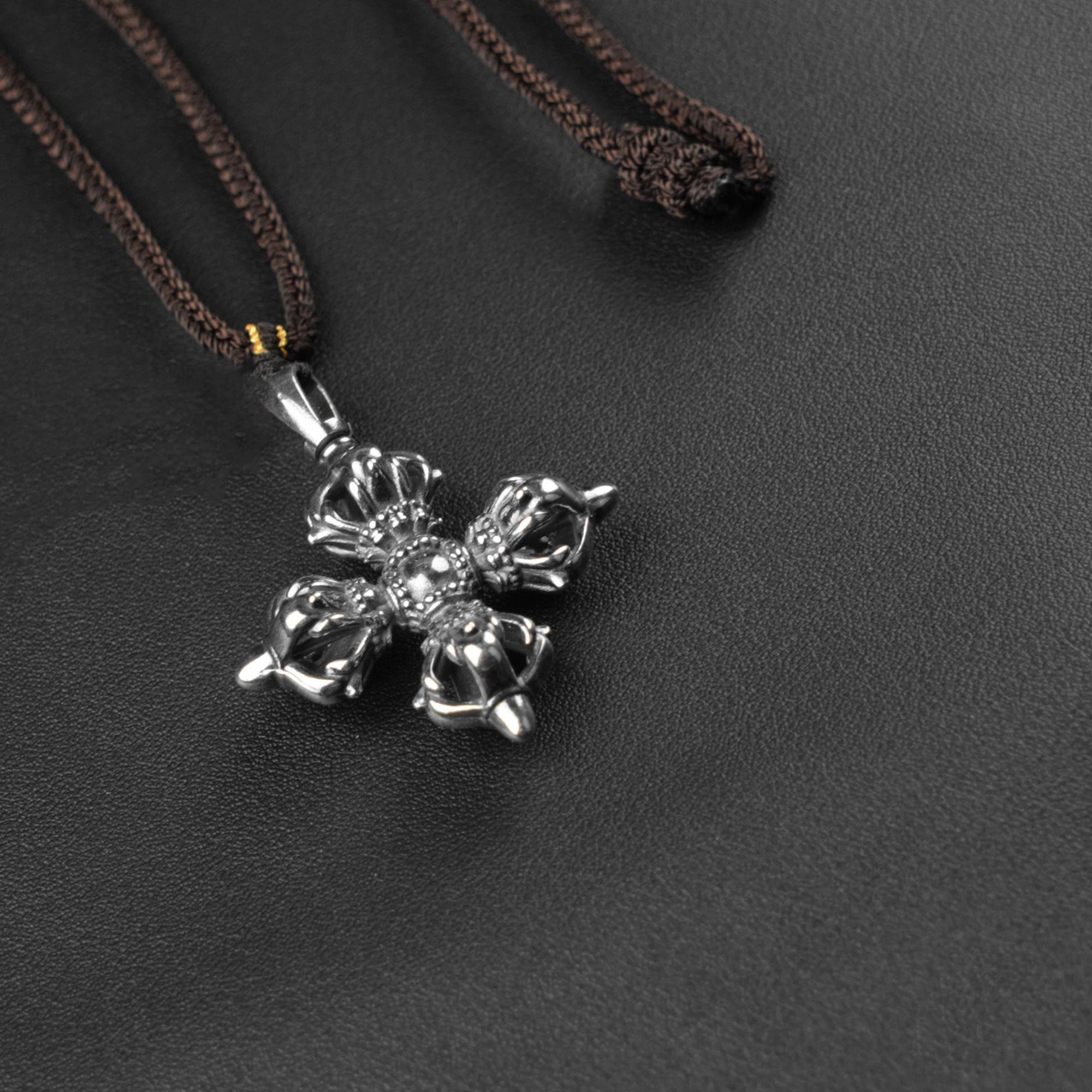 Tibetan Cross Vajra Necklace, Handwoven Adjustable Cord with Jade Cong Knots, Buddhist Spiritual Gift for Protection