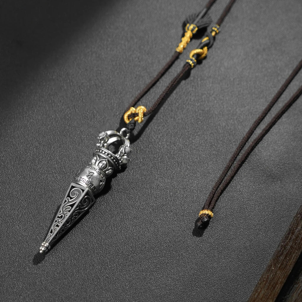 Tibetan Vajra Scepter Necklace, Handwoven Brown Adjustable Cord with Sacred Knots, Spiritual Amulet for Protection & Blessings