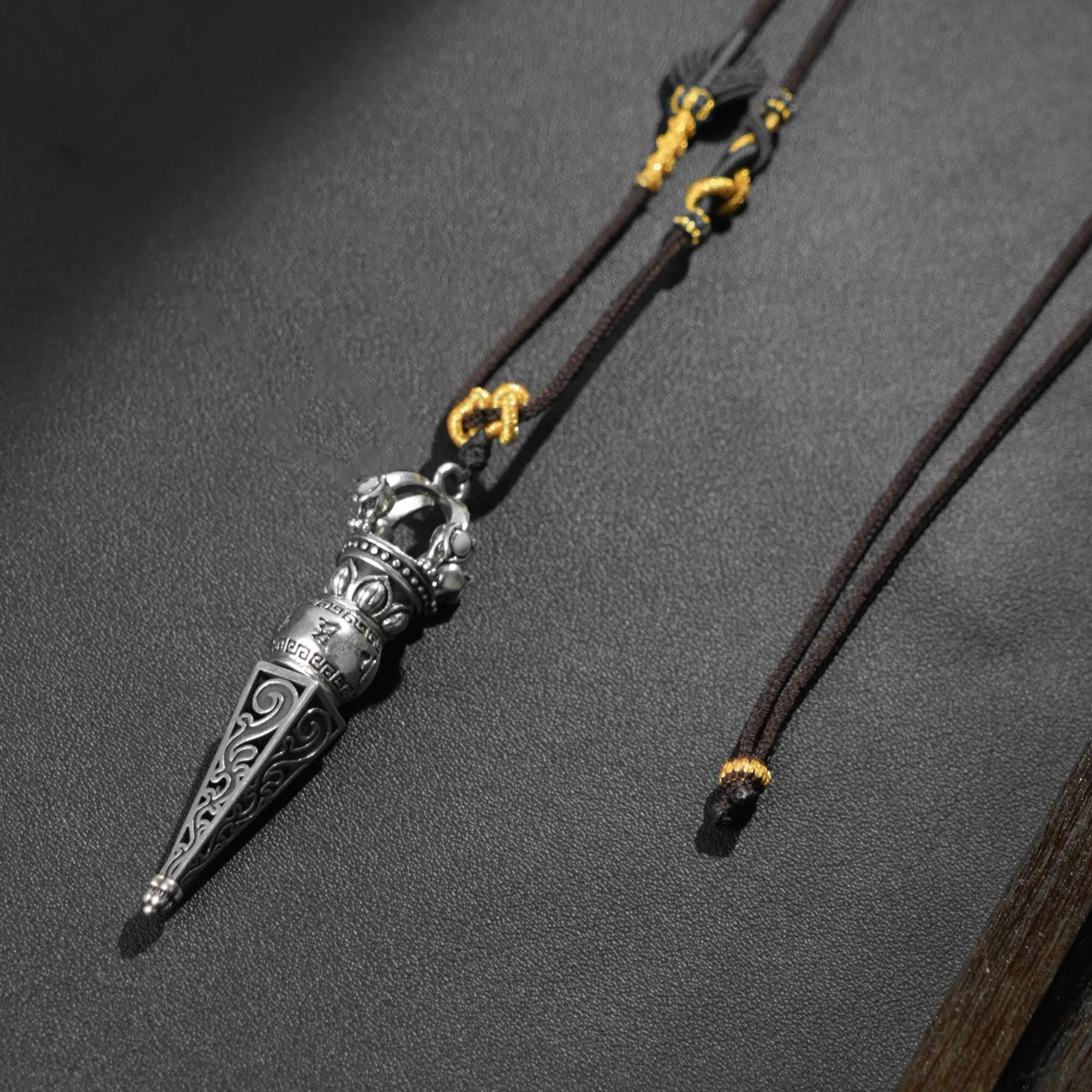 Tibetan Vajra Scepter Necklace, Handwoven Brown Adjustable Cord with Sacred Knots, Spiritual Amulet for Protection & Blessings