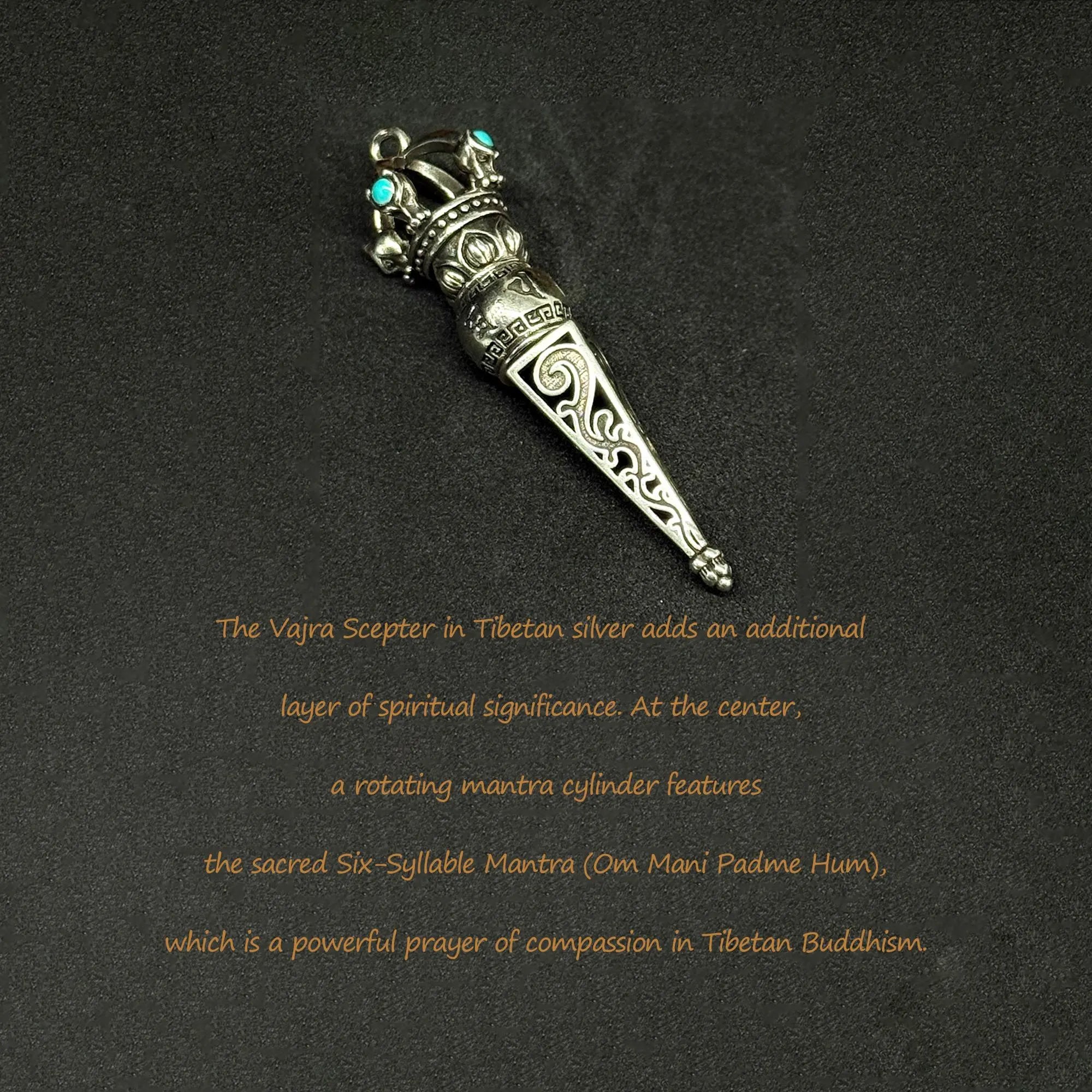 Handcrafted adjustable Langlei Yongkang necklace with Tibetan silver Vajra Scepter pendant. A spiritual gift of Tibetan Buddhism.