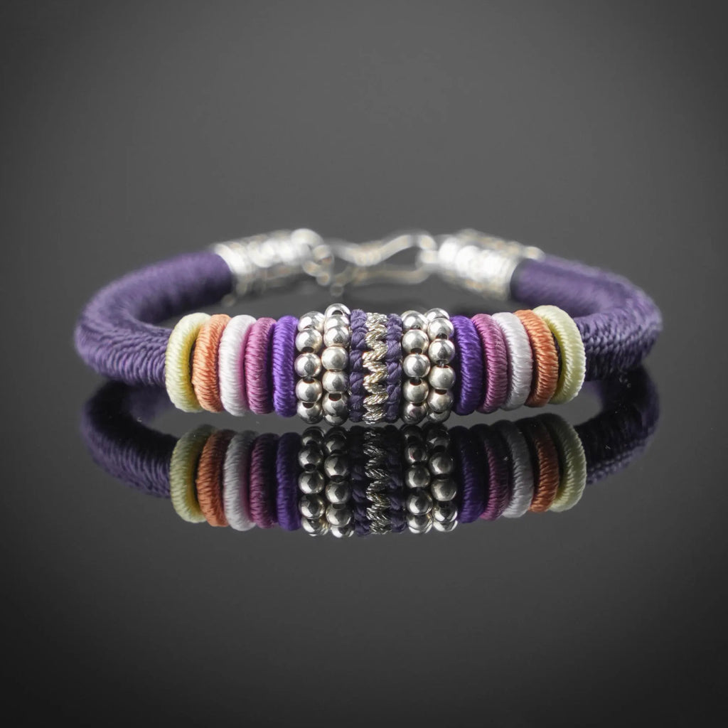 Purple Tibetan Protection Bracelet with Silver Amulet, 925 Sterling Silver Clasp, Handmade Lucky Knot Spiritual Gift