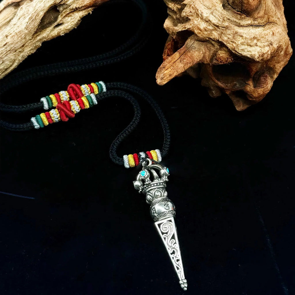 Handcrafted adjustable Langlei Yongkang necklace with Tibetan silver Vajra Scepter pendant. A spiritual gift of Tibetan Buddhism.