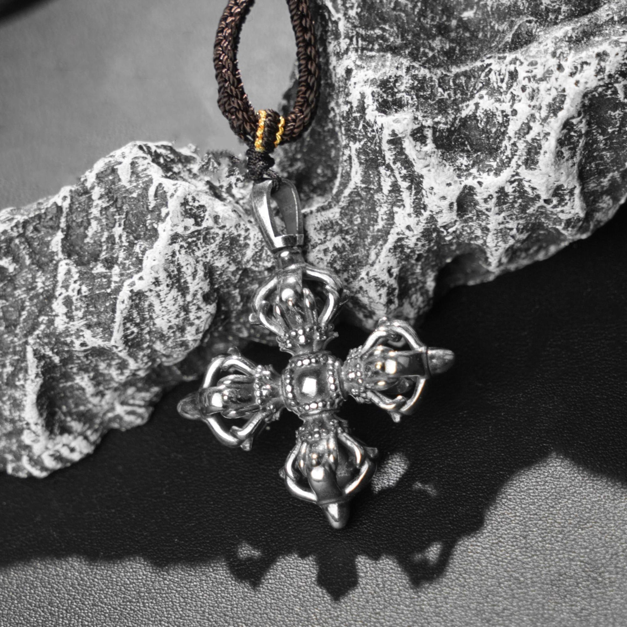 Tibetan Cross Vajra Necklace, Handwoven Adjustable Cord with Jade Cong Knots, Buddhist Spiritual Gift for Protection