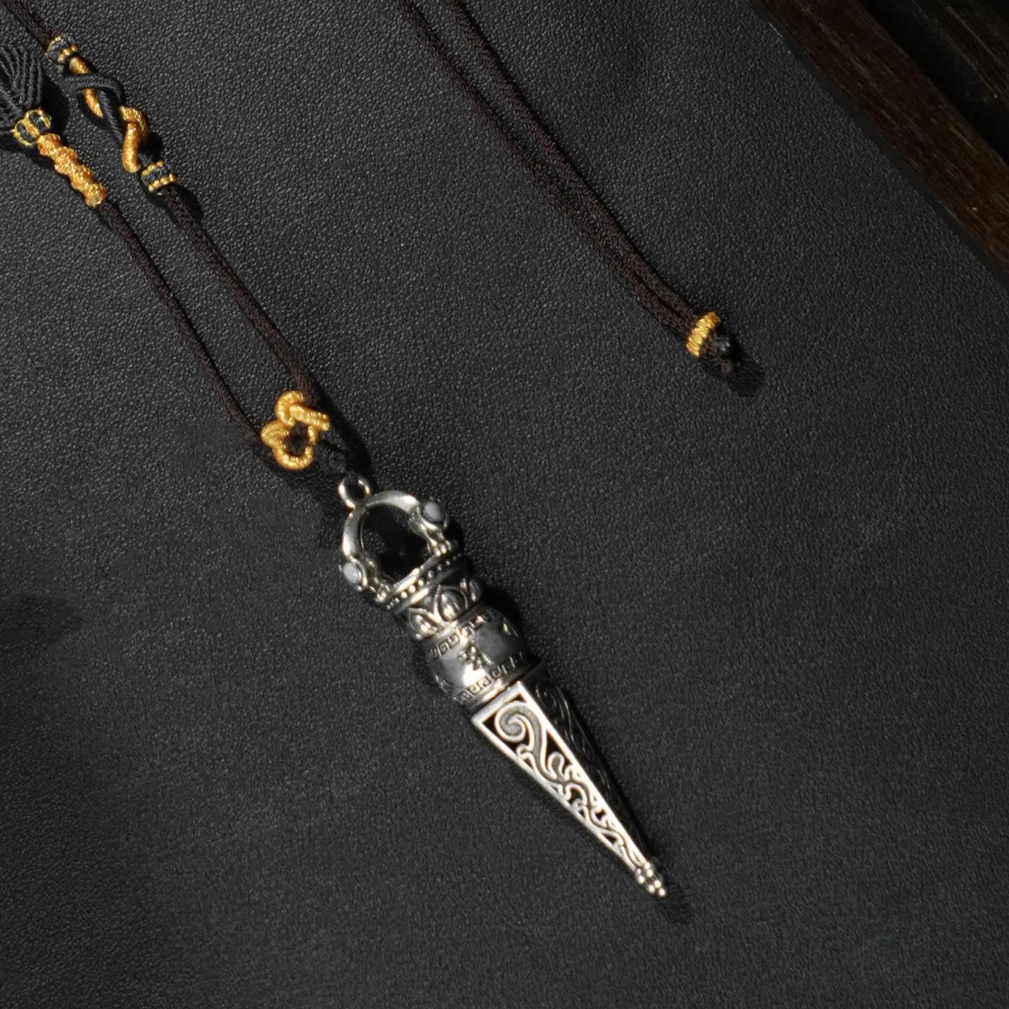 Tibetan Vajra Scepter Necklace, Handwoven Brown Adjustable Cord with Sacred Knots, Spiritual Amulet for Protection & Blessings