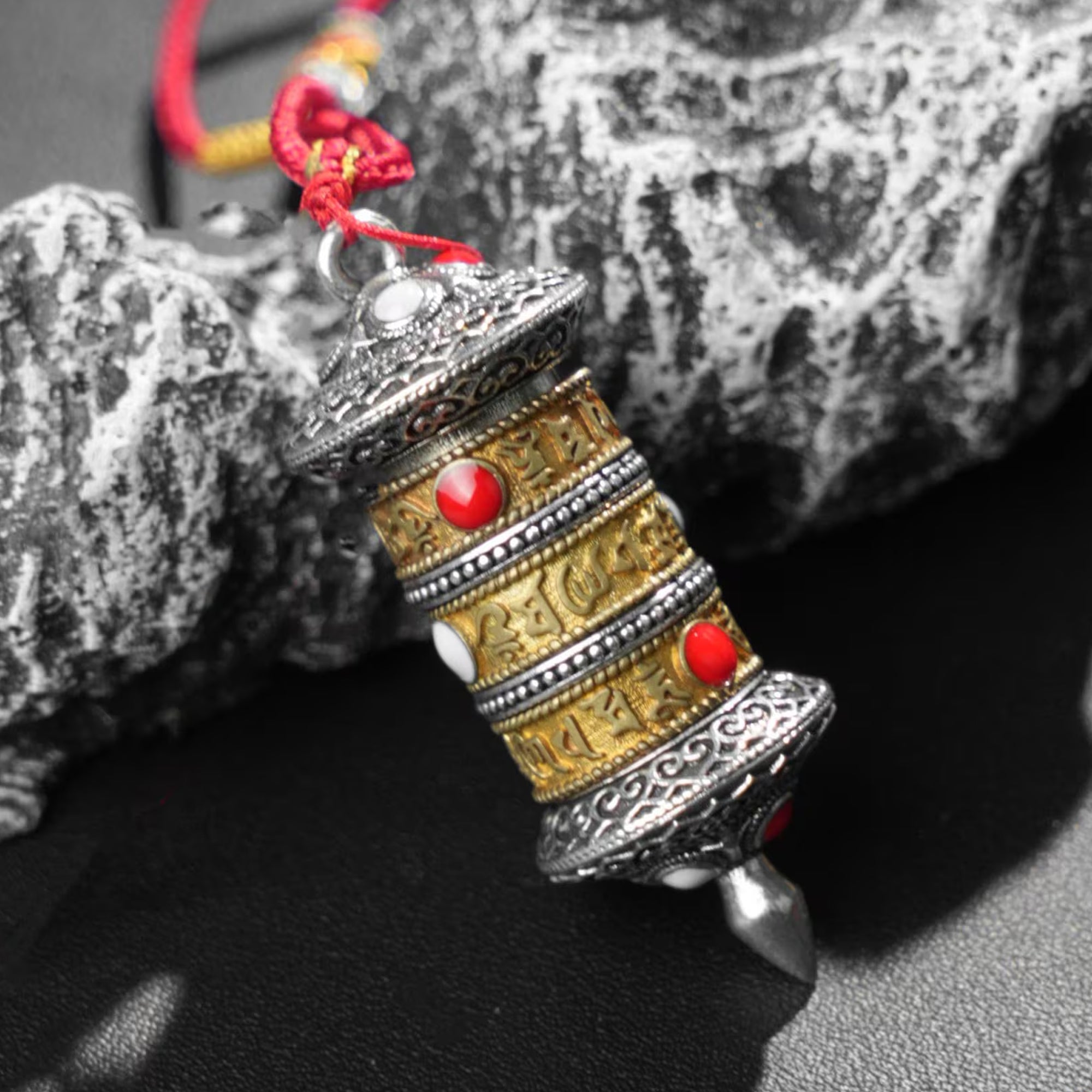 Handwoven Tibetan Buddhist Necklace, Adjustable Cord with Rotating Prayer Wheel & Lucky Knots, Spiritual Gift for Family