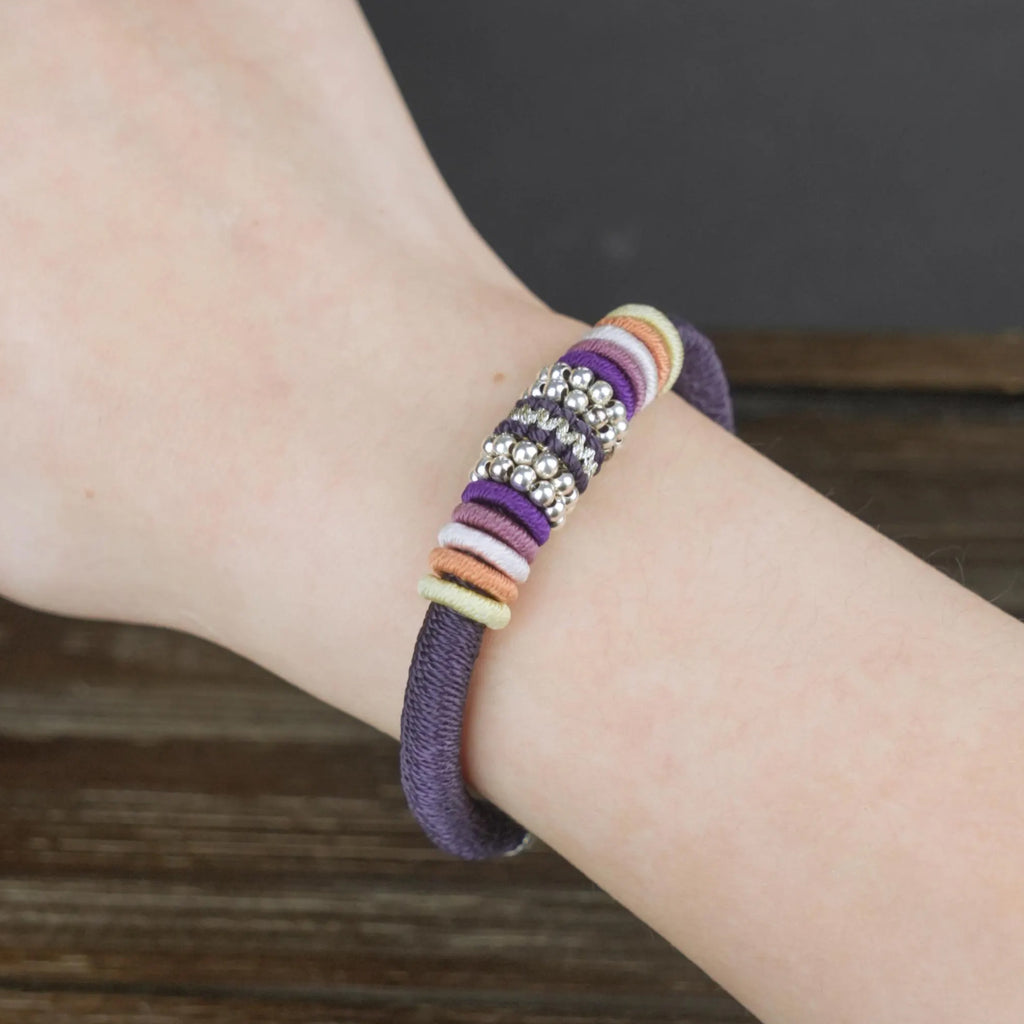 Purple Tibetan Protection Bracelet with Silver Amulet, 925 Sterling Silver Clasp, Handmade Lucky Knot Spiritual Gift