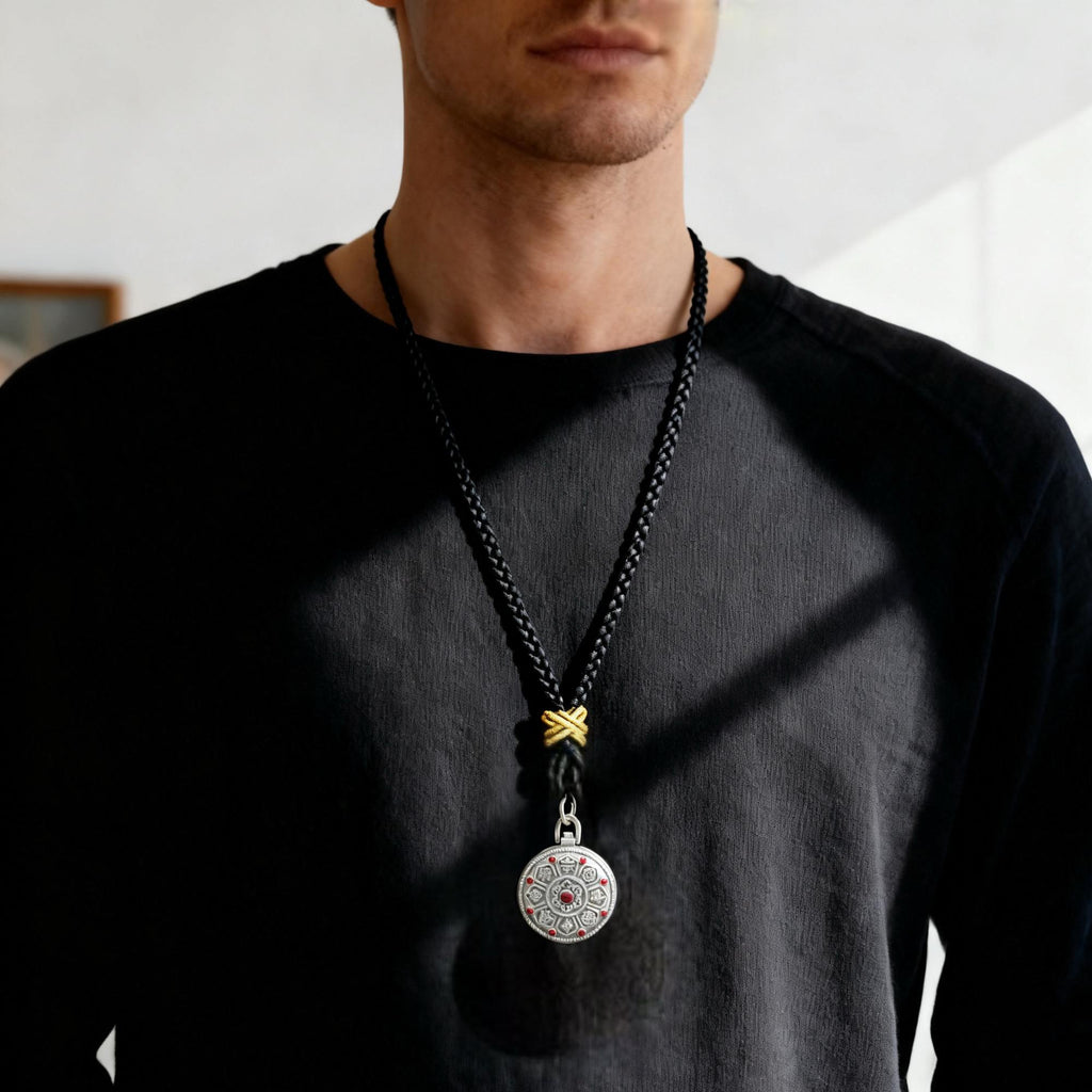 Original Design Eight Auspicious Symbols Kalu Box Pendant, paired with a hand-woven adjustable Perfect Peace necklace.