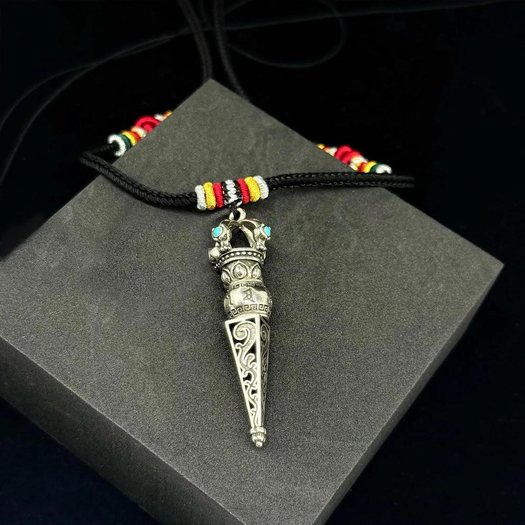 Handcrafted adjustable Langlei Yongkang necklace with Tibetan silver Vajra Scepter pendant. A spiritual gift of Tibetan Buddhism.