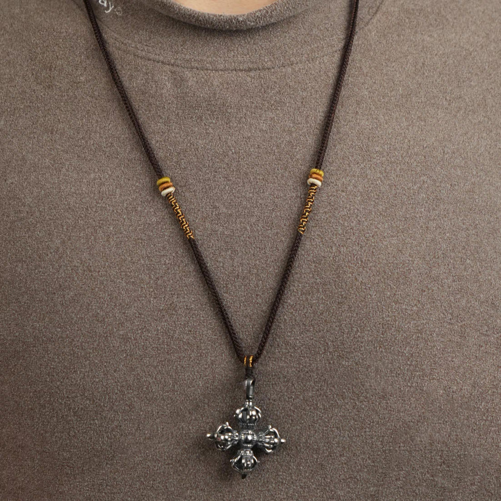 Tibetan Cross Vajra Necklace, Handwoven Adjustable Cord with Jade Cong Knots, Buddhist Spiritual Gift for Protection
