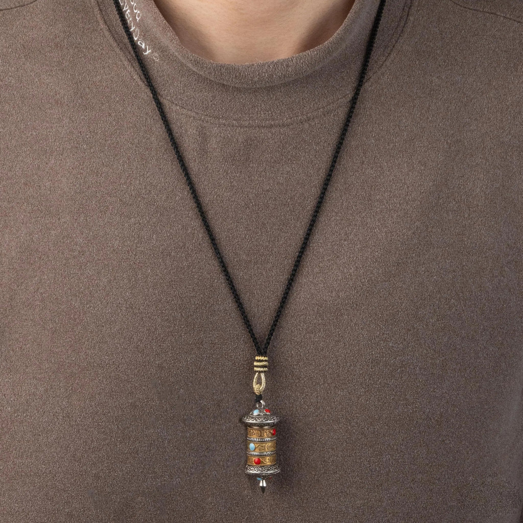 Handwoven Tibetan Necklace with Rotating Prayer Wheel, Adjustable Career Wealth Protection Amulet, Meaningful Gift for Family