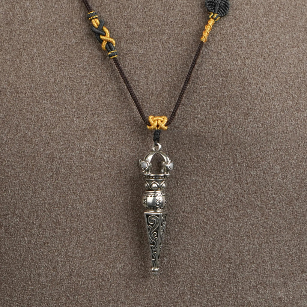 Tibetan Vajra Scepter Necklace, Handwoven Brown Adjustable Cord with Sacred Knots, Spiritual Amulet for Protection & Blessings