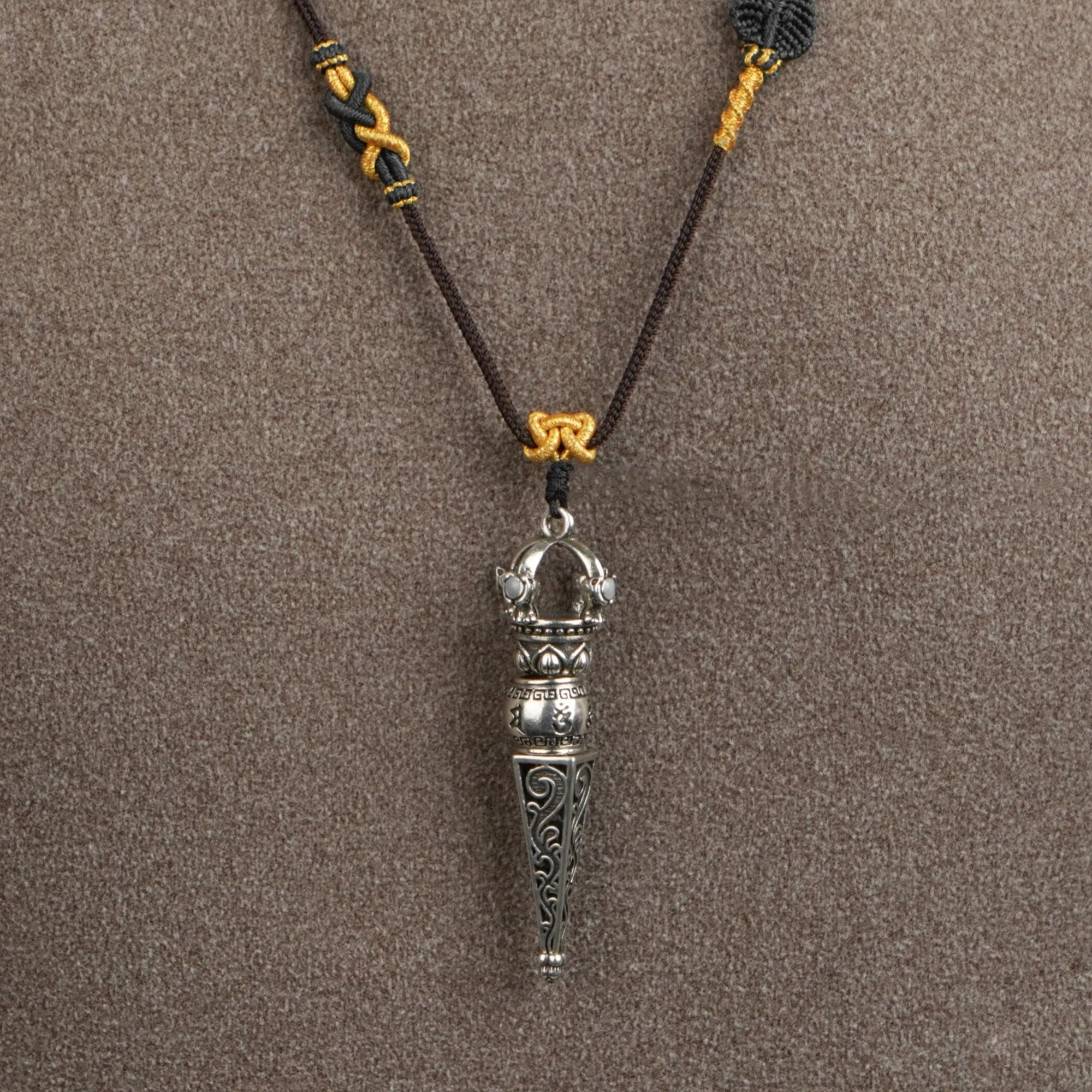 Tibetan Vajra Scepter Necklace, Handwoven Brown Adjustable Cord with Sacred Knots, Spiritual Amulet for Protection & Blessings