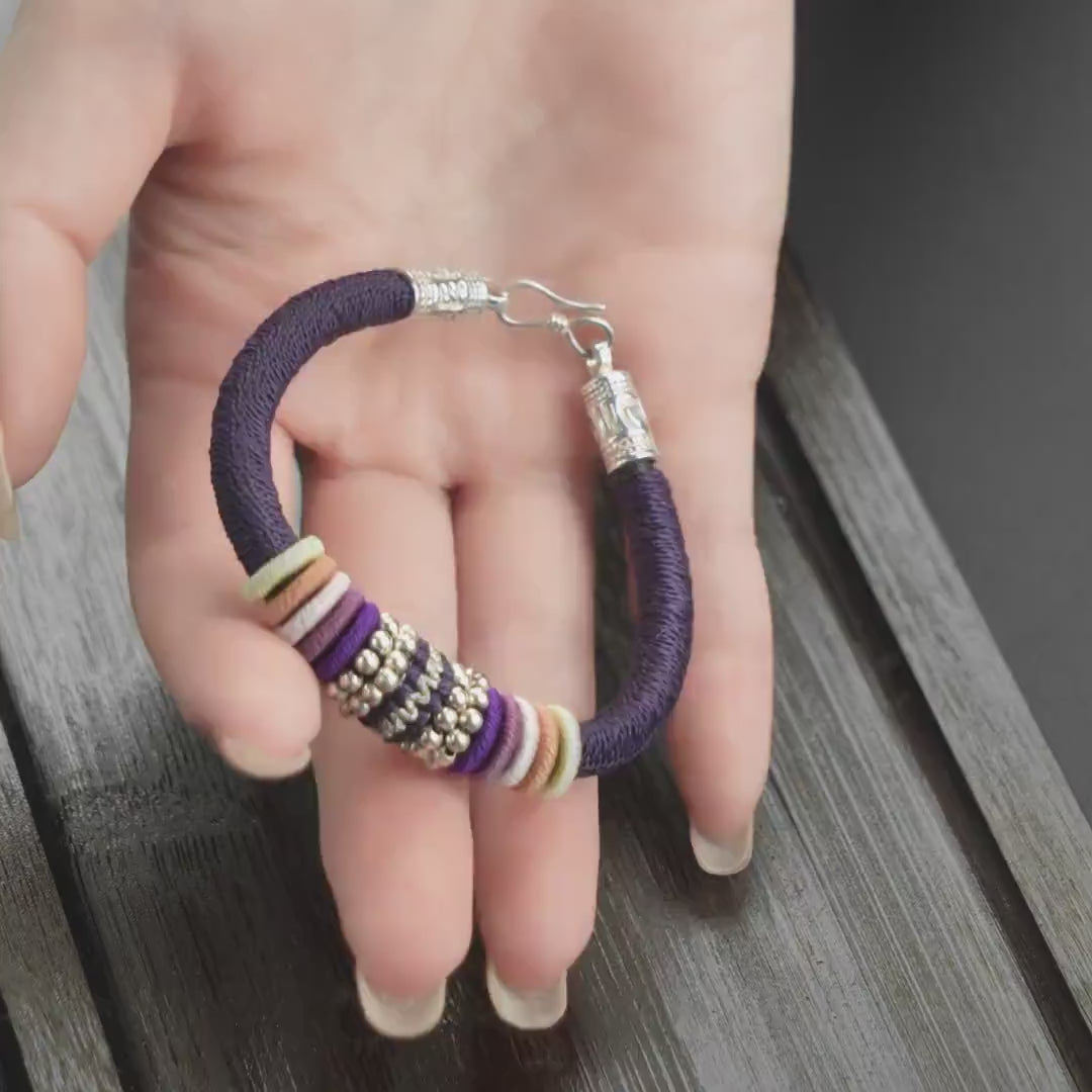 Purple Tibetan Protection Bracelet with Silver Amulet, 925 Sterling Silver Clasp, Handmade Lucky Knot Spiritual Gift