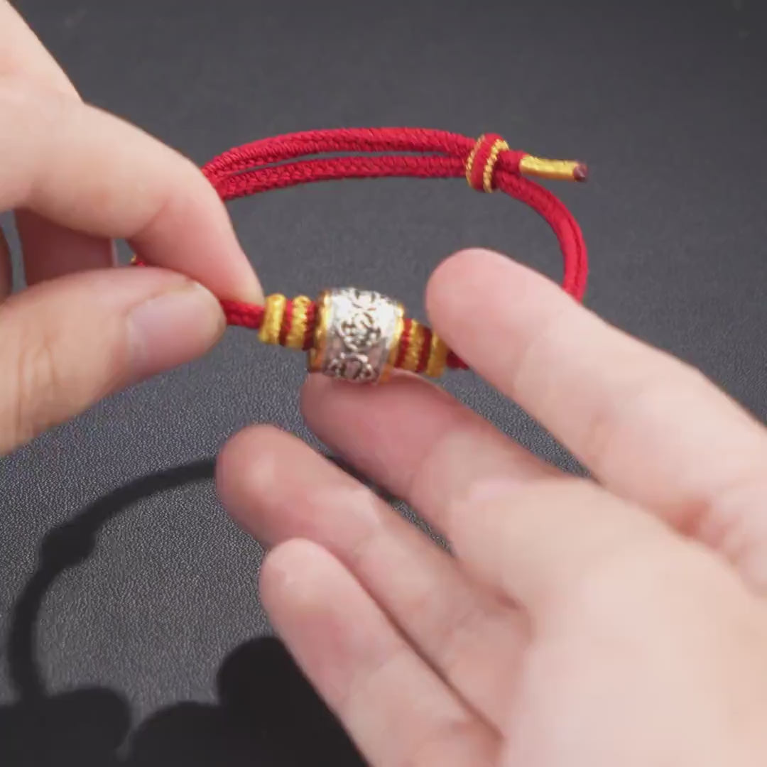 Handwoven Red String Bracelet with Six-Syllable Mantra Prayer Bead, Protection & Peace Amulet, Adjustable